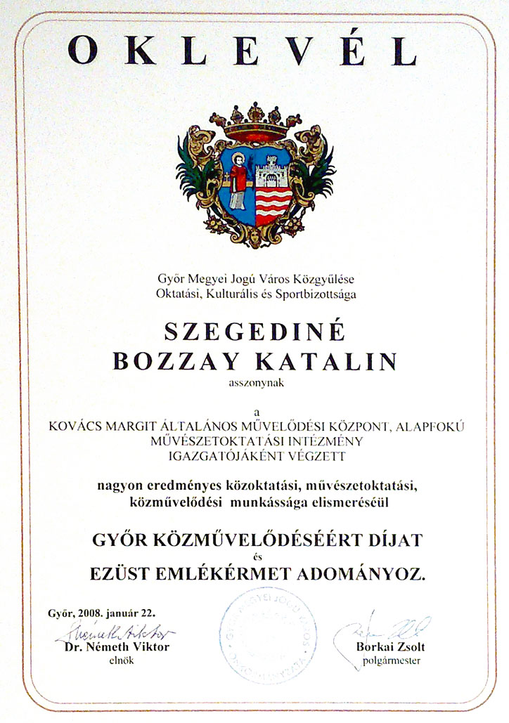 Győr közművelődéséért díj